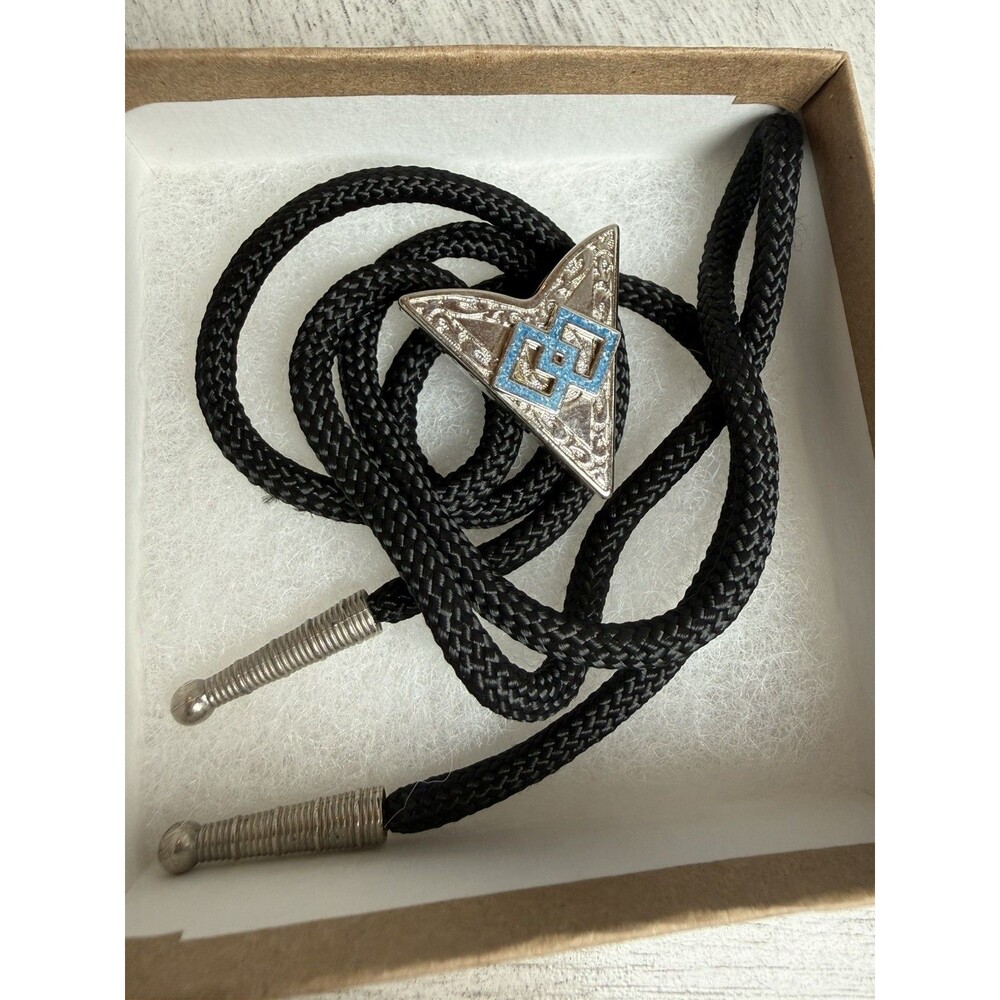 Vintage Western Bolo Tie Arrowhead Silver Tone Blue Inlay Black Braided Cord